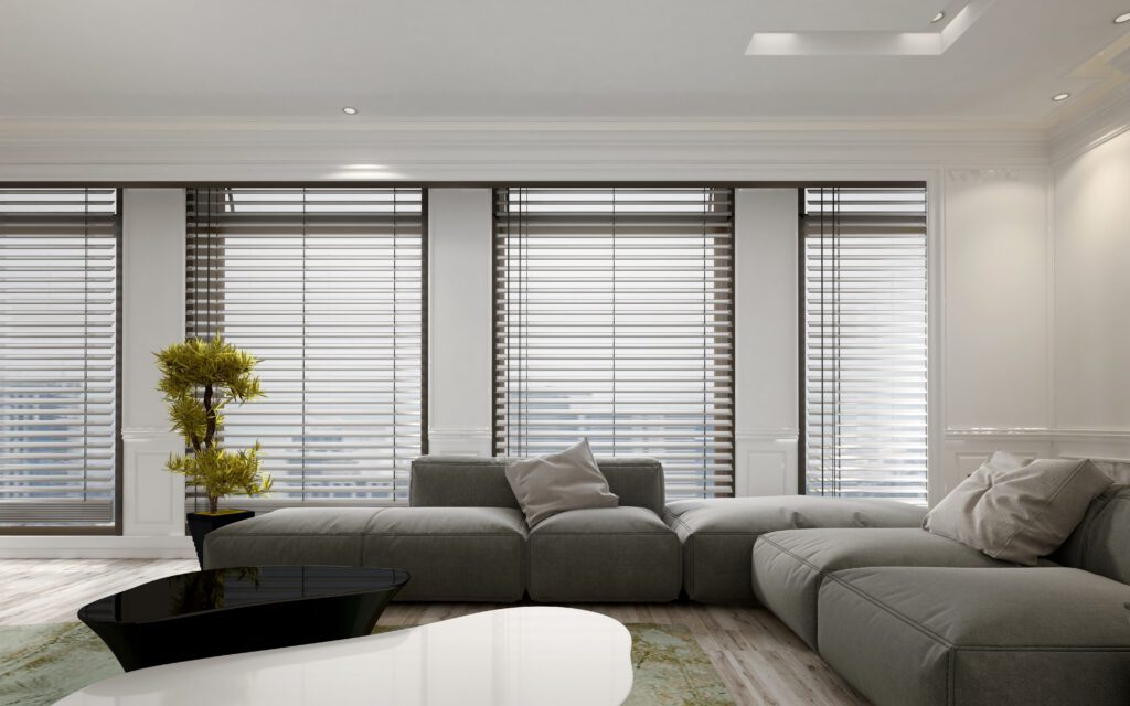 Living room interior with blinds and houseplant. blinds for big windows