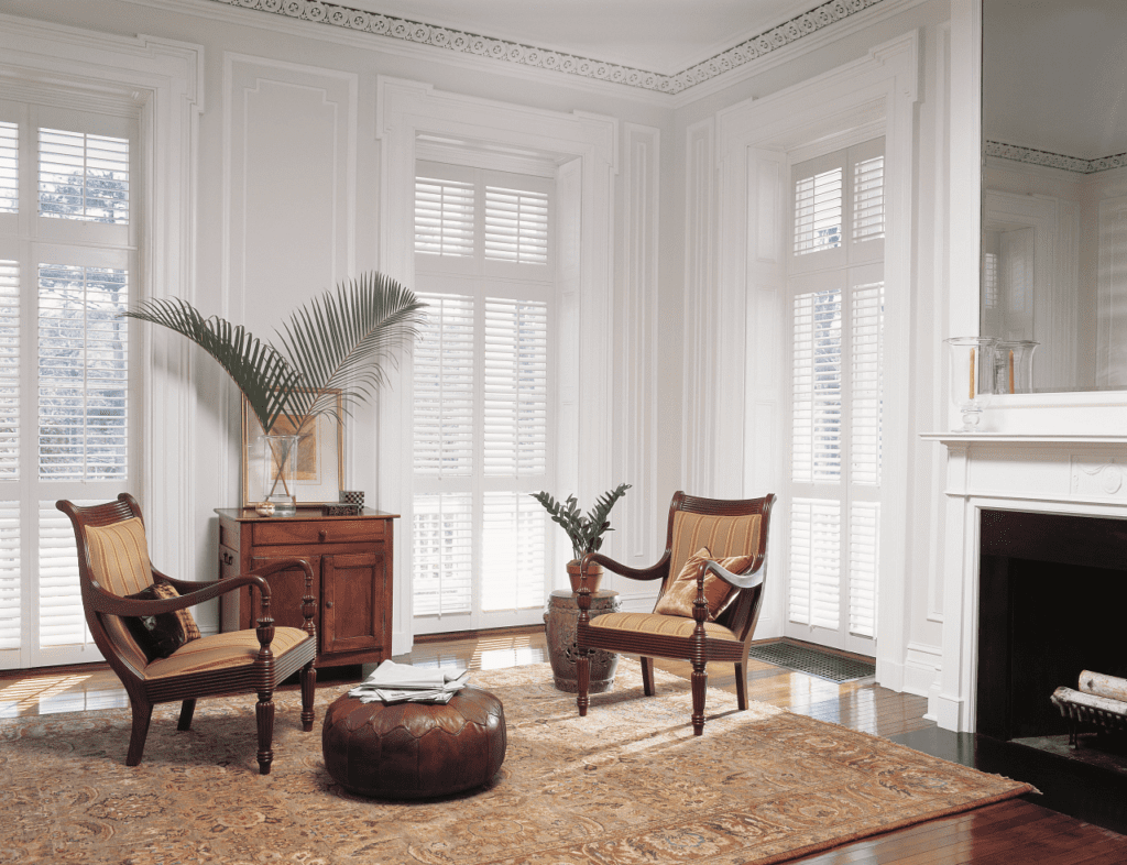 White window shutters in sophisticated living room