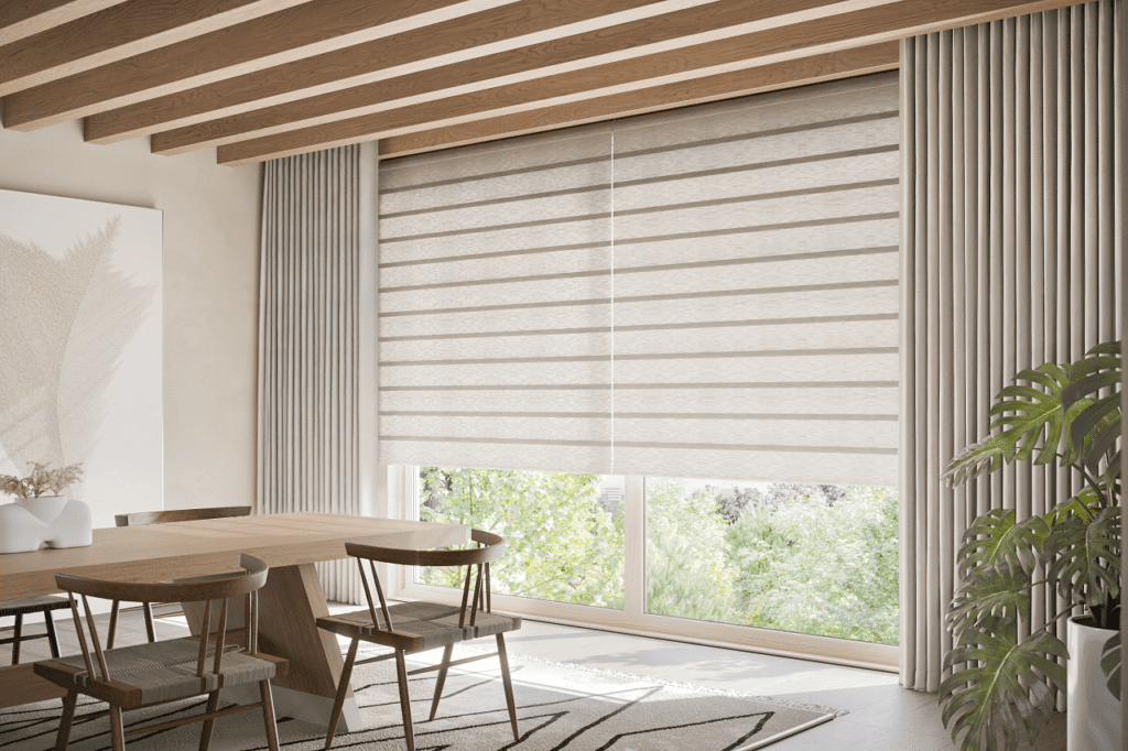 Window shades and matching drapery in dining room