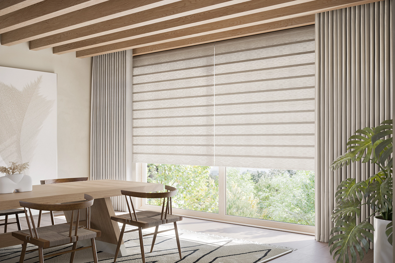 Hunter Douglas Vignette Modern Roman Shades and Matching Drapery in Dining Room