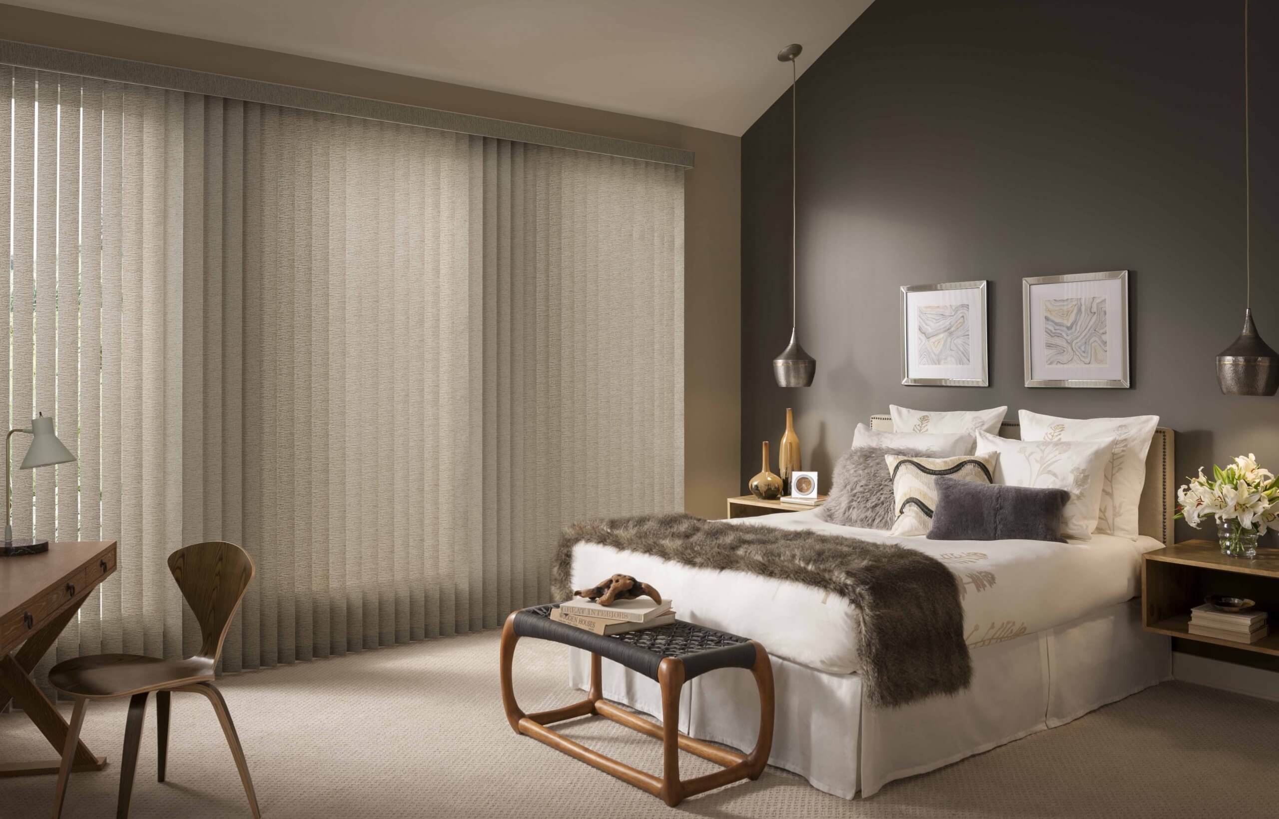Beige/ tan vertical shades for bedroom window treatment