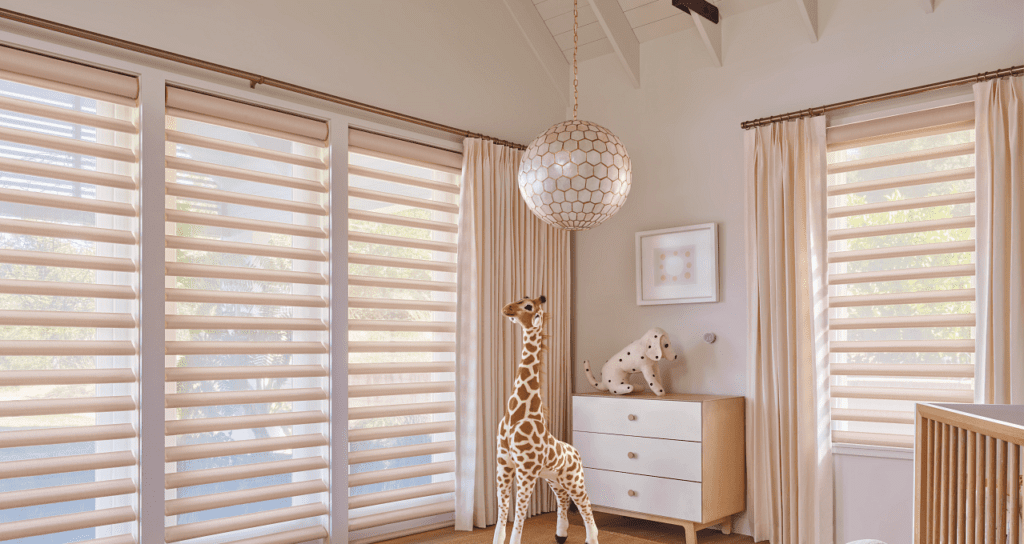 Hunter Douglas Pirouette Sheer Shades in nursery. Best Window Blinds for Toddlers