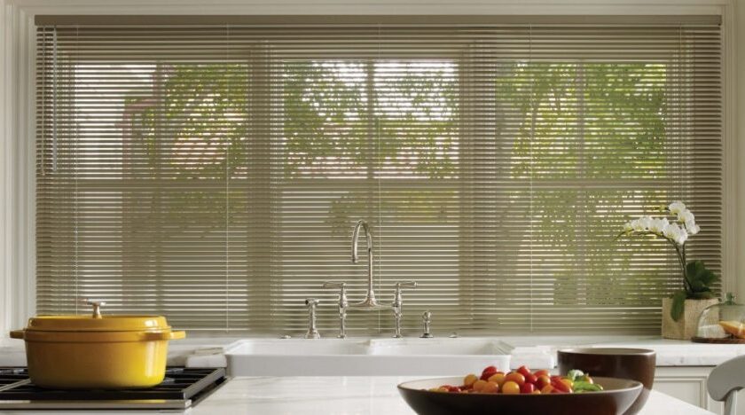 Elegant metal blinds window treatment in sleek kitchen