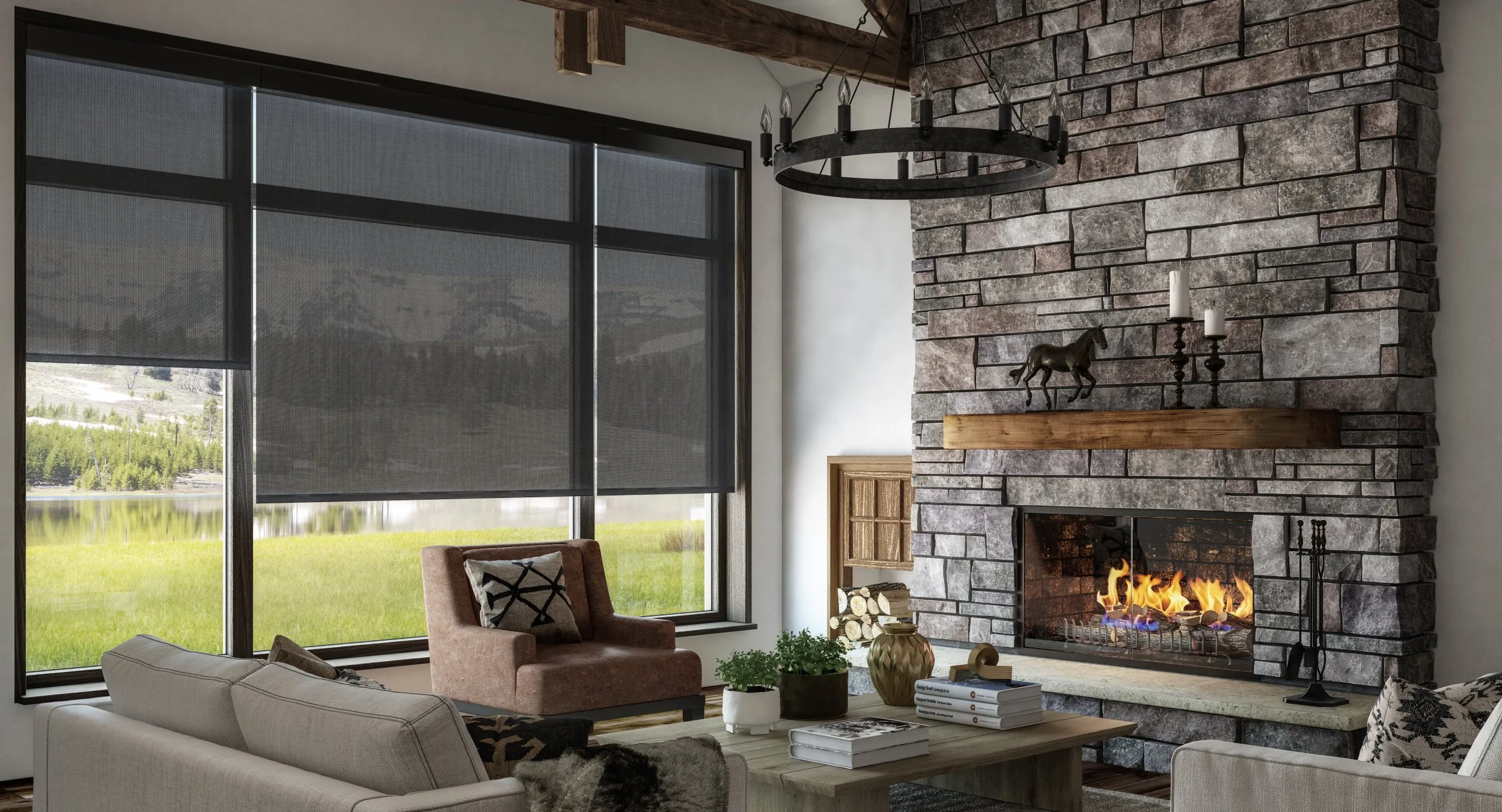 Gray Roller Shades with Motor on Wide windows