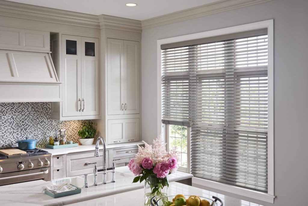 Gray and silver blinds window covering