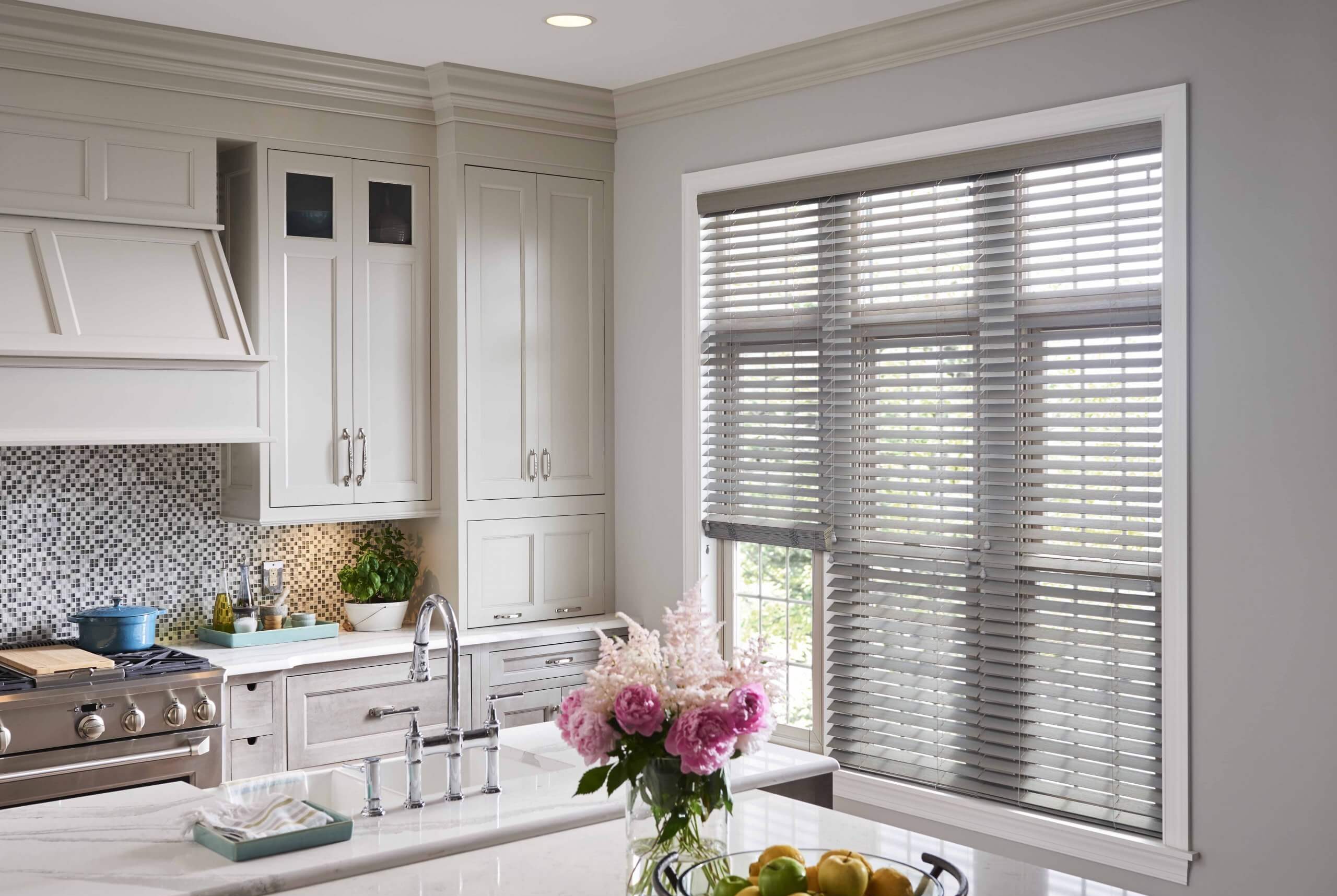 Gray and silver blinds window covering