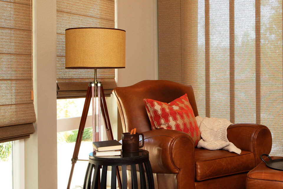 Alustra woven textures primitive aged wood roman shades in living room