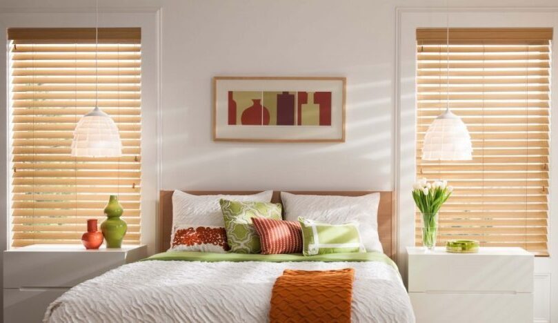 Bedroom wood blinds in bright tan color