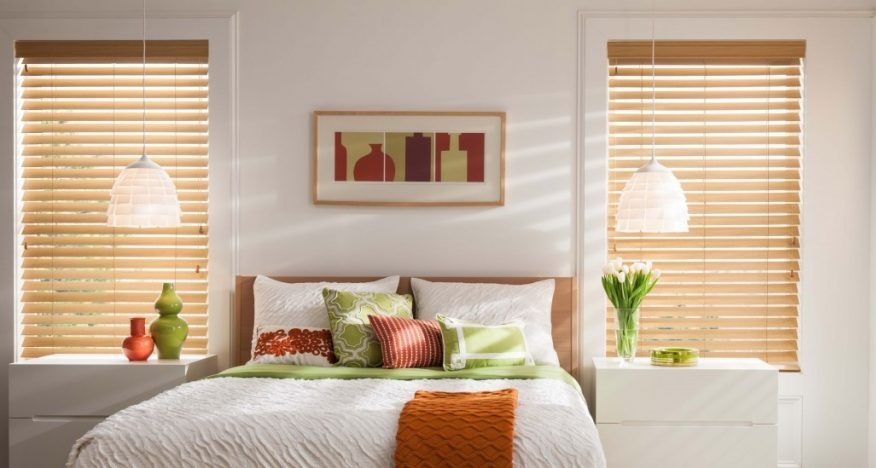 Bedroom wood blinds in bright tan color