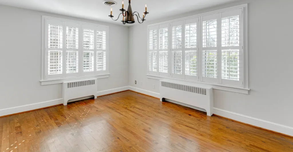 plantation shutters in empty bedroom