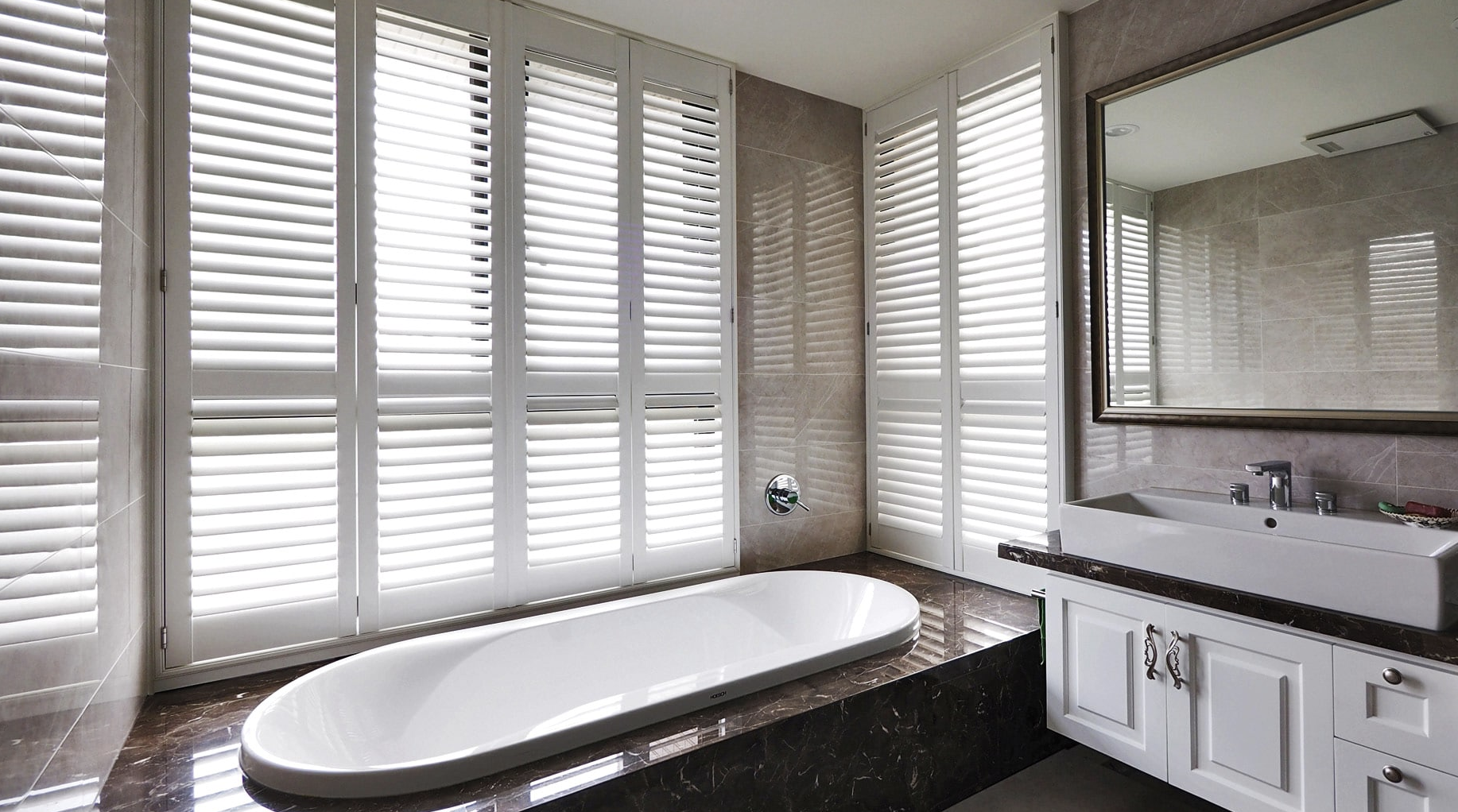 Norman Woodlore Plus Shutters, plantation shutters window treatment in bathroom