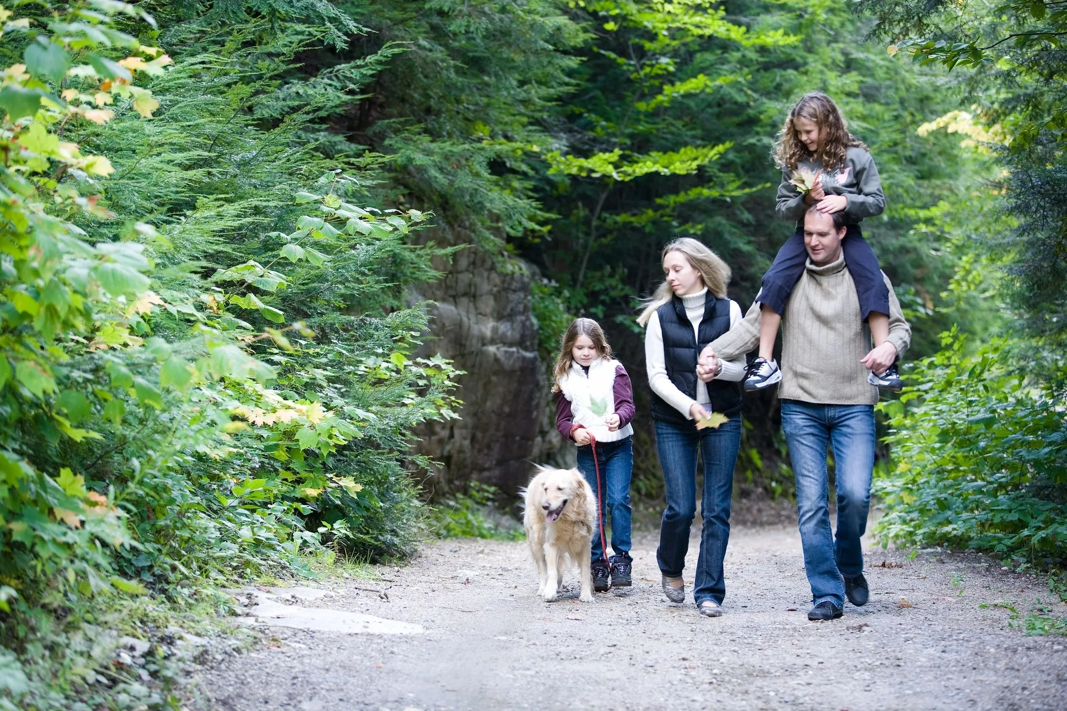 Family on a walk with their dog