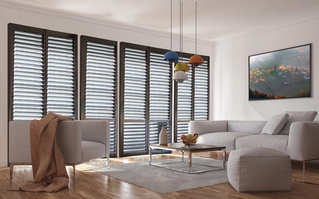 a living room with wood shutters, white couches and colorful lamps